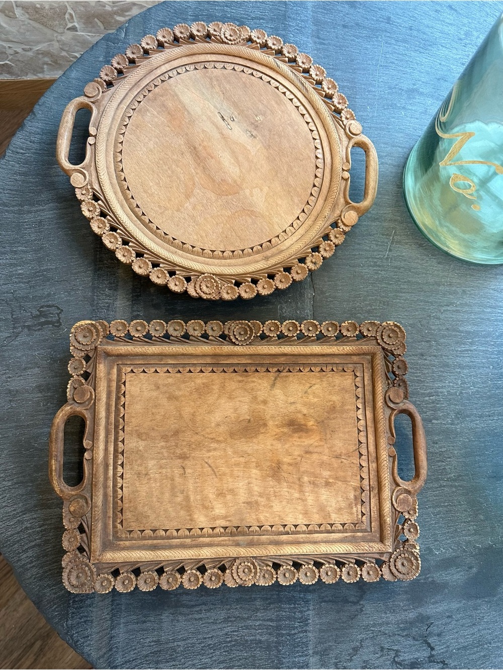 Antique Hand-Carved Wood Serving Tray - pair